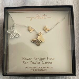 Gold and Silver Butterfly Necklace and earring Set nwt
